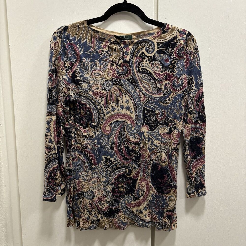 Lauren Ralph Lauren Sz Large 100% Silk Paisley Top Blue Purple Tan Long Sleeve